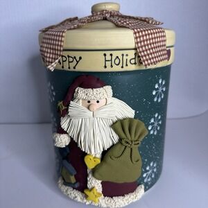 Vtg Christmas Stoneware Cookie Jar 3 Dimensional Santa Happy Holidays 10.5" Tall